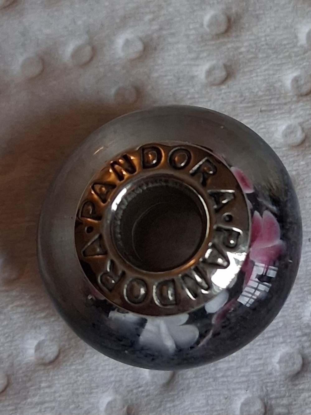 Pandora Gray Glass Charm with Pink & White Floral Accents